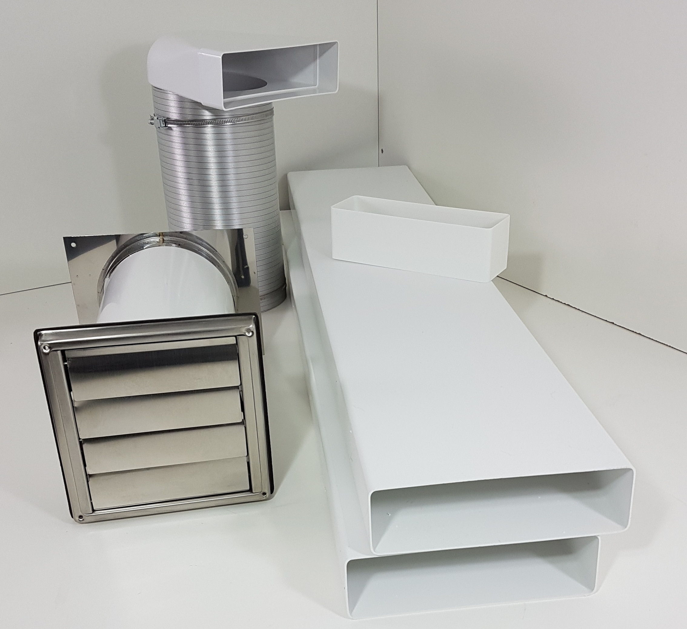 Flachkanal Komplettset 150mm Abluft-Set für Küche Mauerkasten mit Rückstauklappe 