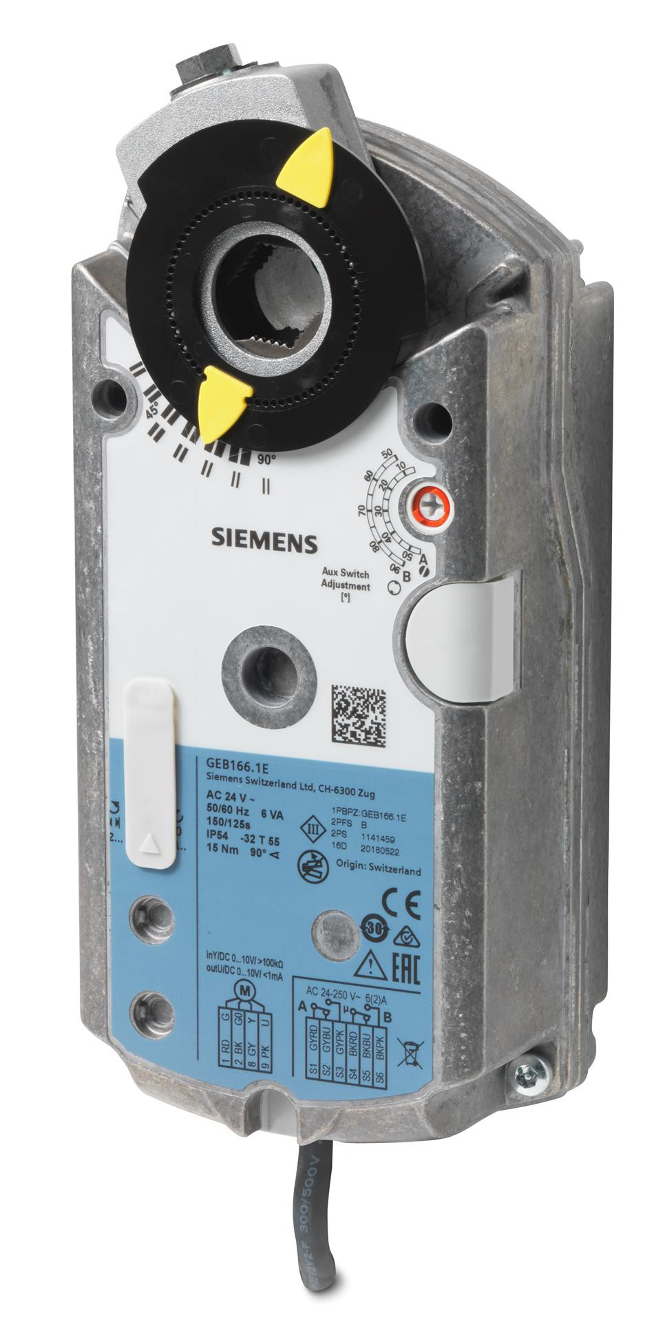 Siemens Luftklappen-Drehantrieb, AC 24 V, DC 0…10 V, 15 Nm, 150 s, 2 Hilfsschalter GEB166.1E
