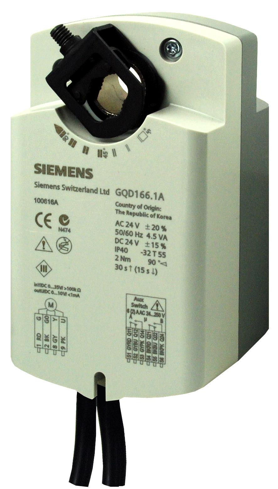 Siemens Luftklappen-Drehantrieb, AC/DC 24 V, 2 Nm, 3-Punkt, Federrücklauf 30/15 s, 2 Hilfsschalter GQD136.1A