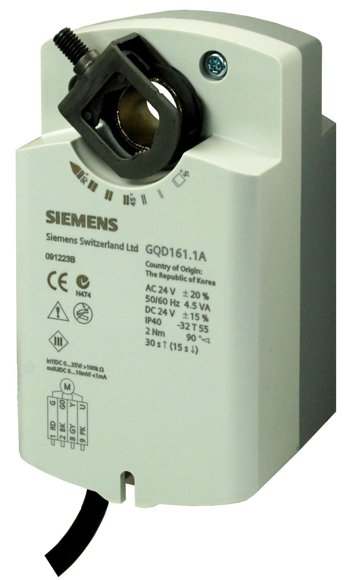 Siemens Luftklappen-Drehantrieb, AC/DC 24 V, 2 Nm, DC 0...10 V, Federrücklauf 30/15 s GQD161.1A