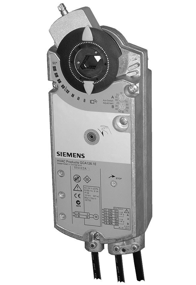 Siemens Luftklappen-Drehantrieb, AC/DC 24 V, 2-Punkt, 18 Nm, Federrücklauf 90/15 s, 2 Hilfsschalter GCA126.1E