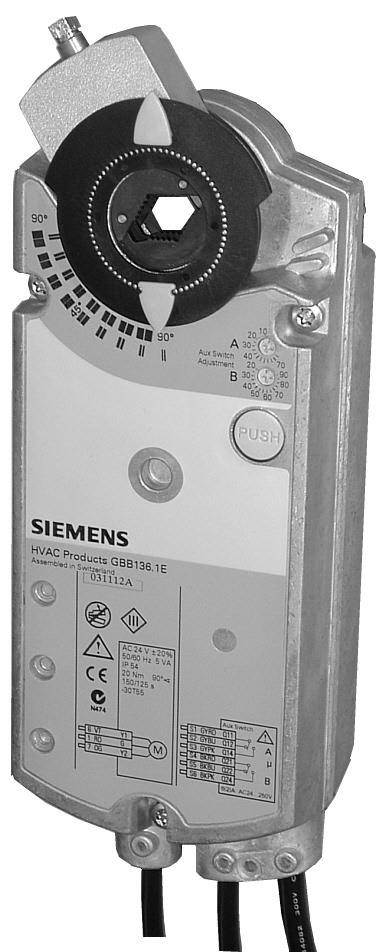 Siemens Luftklappen-Drehantrieb, AC 230 V, 3-Punkt, 25 Nm, 150 s, Potentiometer, 2 Hilfsschalter GBB335.1E