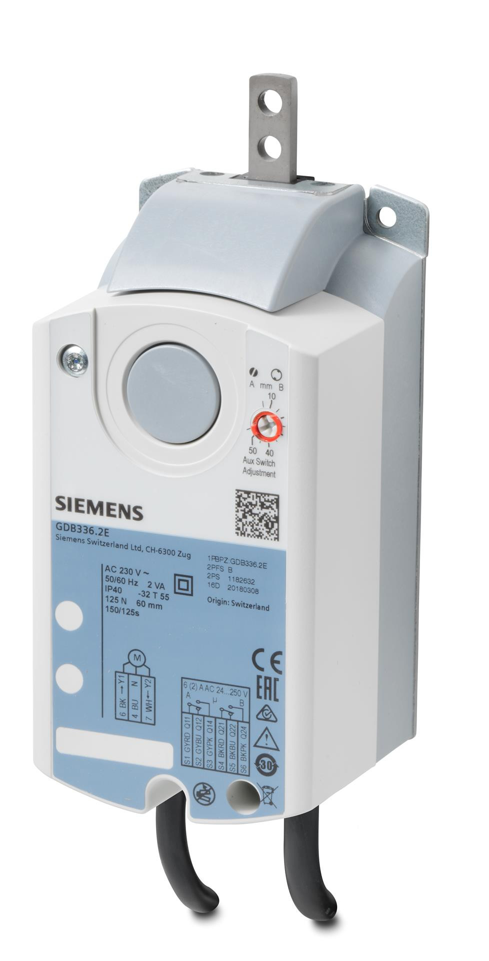 Siemens Luftklappen-Linearantrieb, AC 230 V, 3-Punkt, 125 N, 150 s, 2 Hilfsschalter GDB336.2E