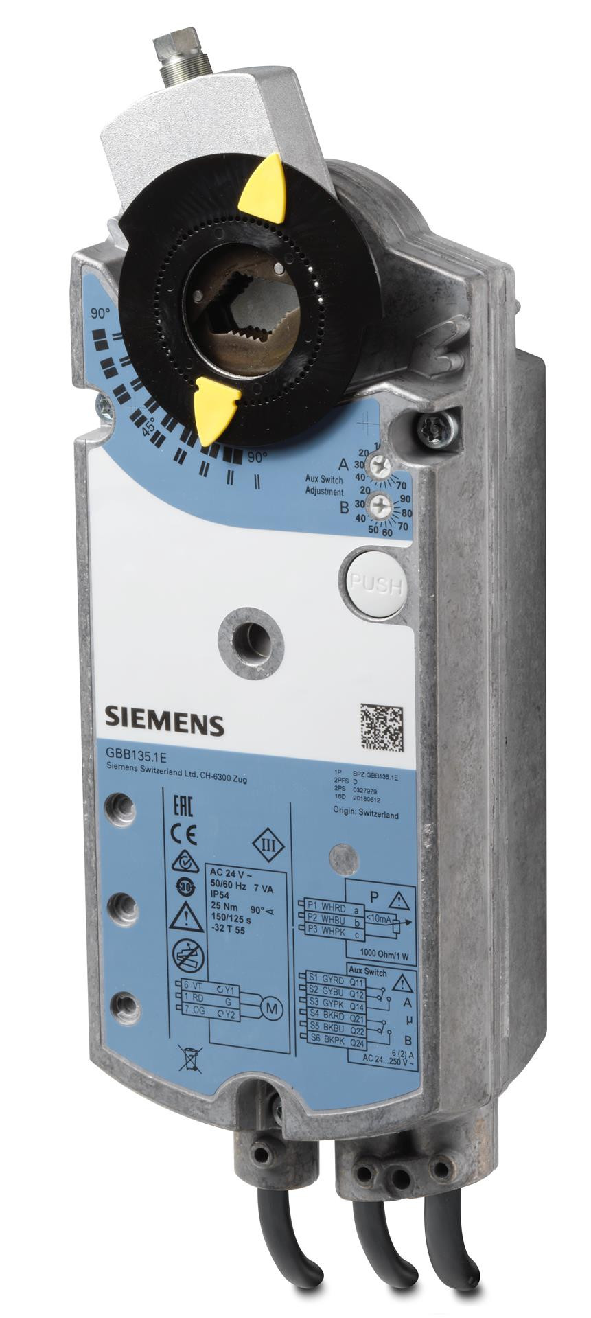 Siemens Luftklappen-Drehantrieb, AC 24 V, 3-Punkt, 25 Nm, 150 s, Potentiometer, 2 Hilfsschalter GBB135.1E