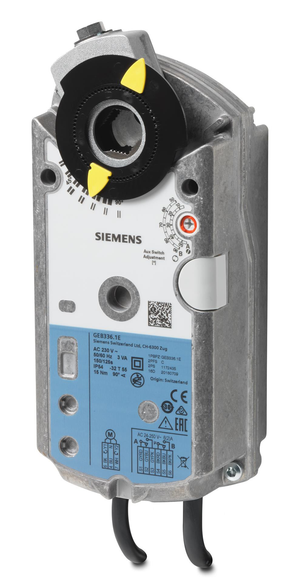 Siemens Luftklappen-Drehantrieb, AC 230 V, 3-Punkt, 15 Nm, 150 s, 2 Hilfsschalter GEB336.1E, Ersetzt durch GEB346.1E 