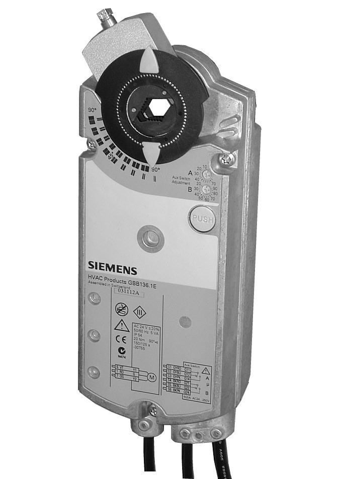 Siemens Luftklappen-Drehantrieb, AC 24 V, 3-Punkt, 35 Nm, 150 s, Potentiometer, 2 Hilfsschalter GIB135.1E