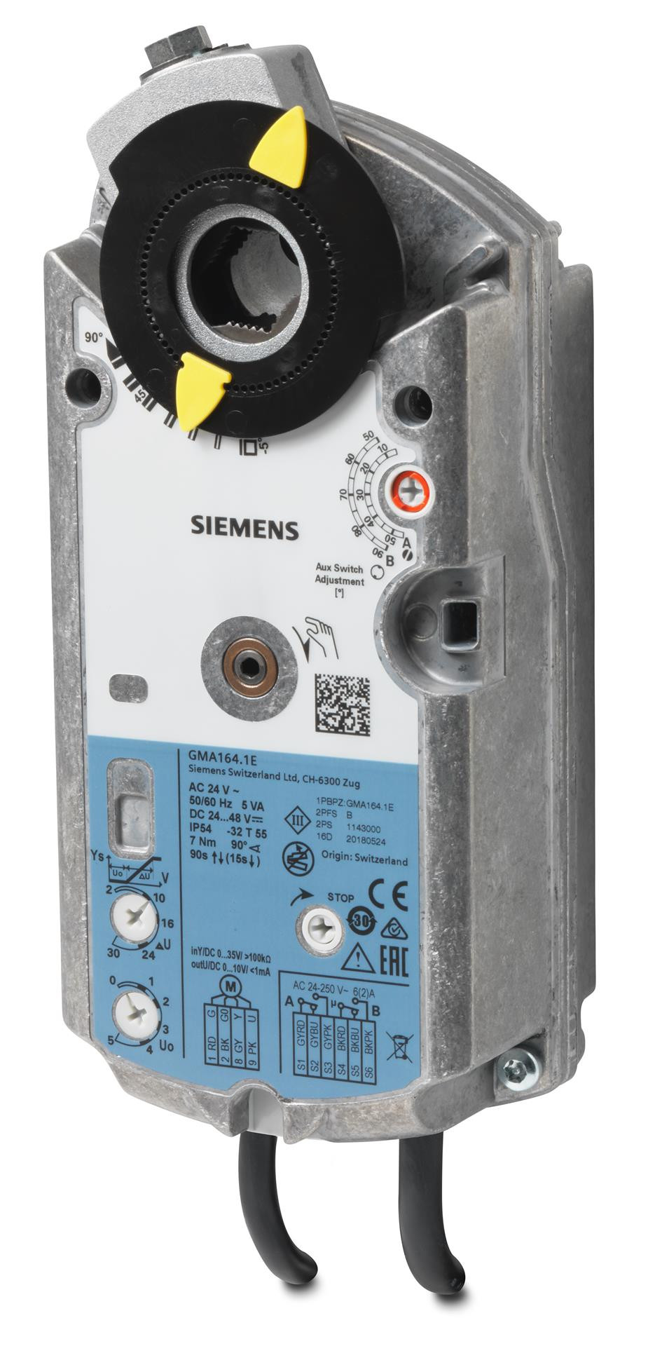 Siemens Luftklappen-Drehantrieb, AC/DC 24 V, DC 0…35 V einstellbar, 7 Nm, Federrücklauf 90/15 s, 2 Hilfsschalter GMA164.1E