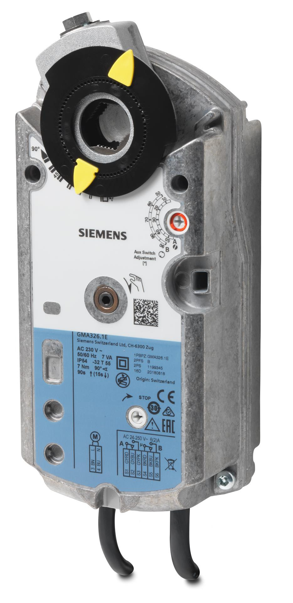Siemens Luftklappen-Drehantrieb, AC 230 V, 2-Punkt, 7 Nm, Federrücklauf 90/15 s, 2 Hilfsschalter GMA326.1E